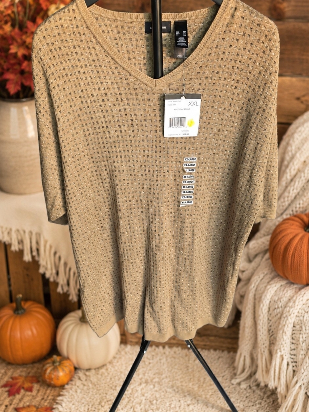 Claiborne Sandstone Beige Perforated V-Neck Knit Top - XXL